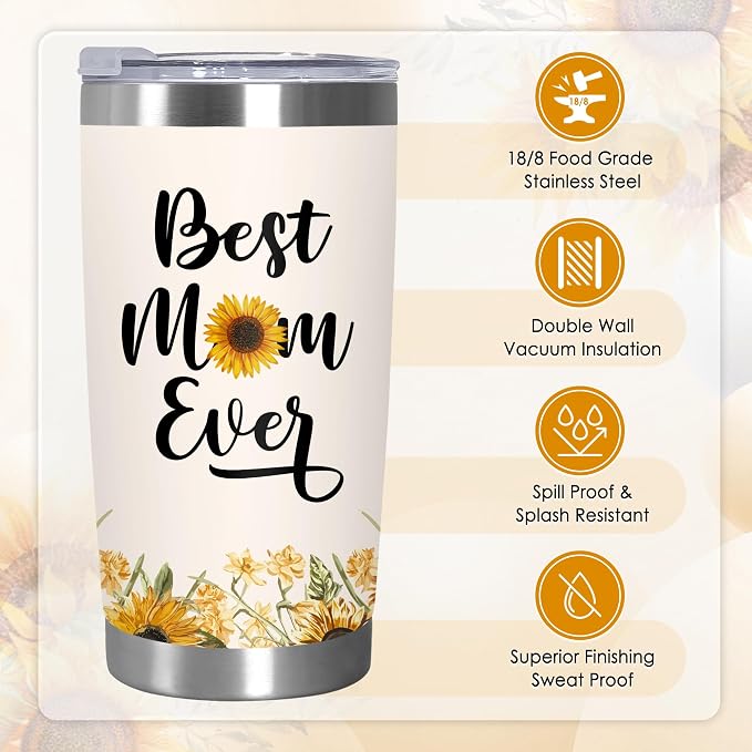 TEEZWONDER Mothers Day Gifts for Mom from Daughter Son - #1 Nutrition Facts Sunflower Stainless Steel Insulated Coffee Tumbler with Lid 20 oz - Birthday Gifts for Mama Grandma Women - Image 3