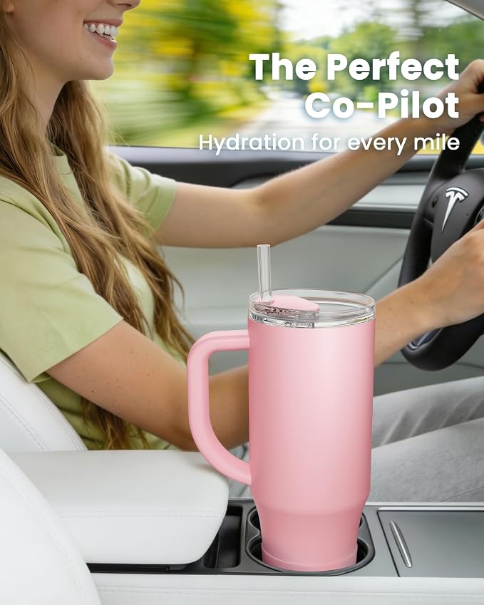 Renoj Insulated Mug 100% Spill Resistant Insulated Water Bottle for Iced Coffee & Hot Drinks - Fits Car Cup Holder, Ideal Gift, 2 Straws & Silicone Boot - FlexSlide Pink 40 oz - Image 2