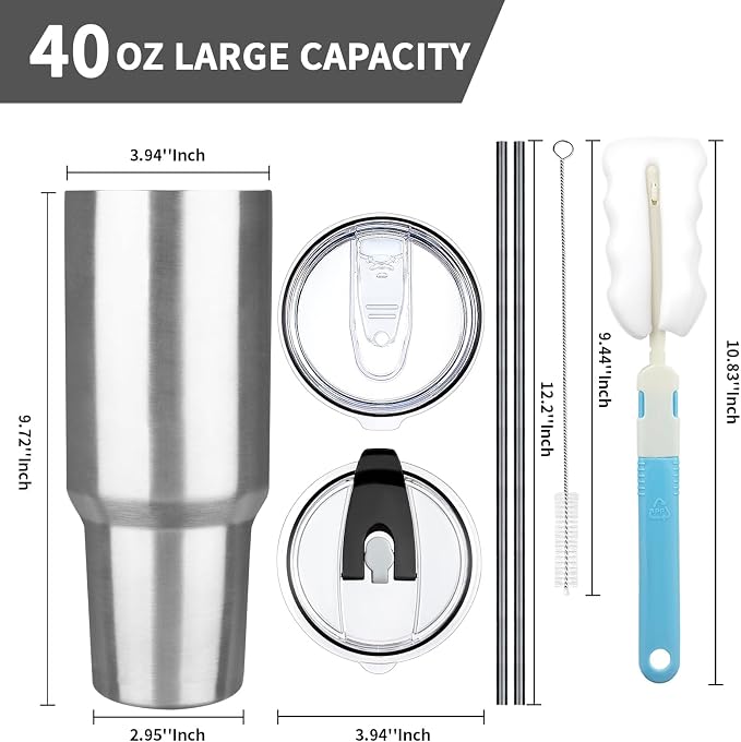 40 oz Tumbler with Lids and Straws, Stainless Steel Insulated Coffee Tumbler, Double Wall Vacuum Insulated Travel Mug Cup, Leakproof Thermal Coffee Cup for Hot and Cold Drinks (Silver) - Image 2
