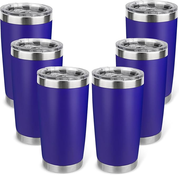 20oz Stainless Steel Tumbler Bulk with Lid, Travel Mug - Double Wall Vacuum Powder Coated Cup - Dark Blue, 6 Pack by Unknown