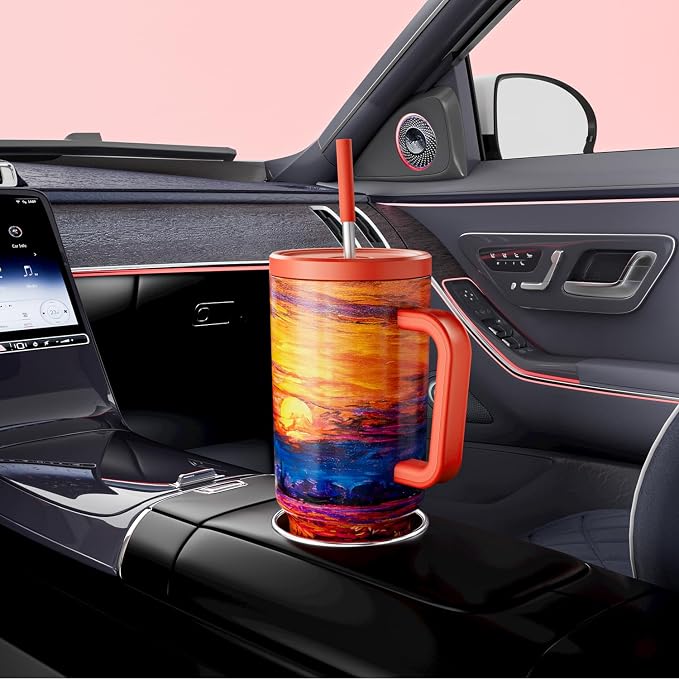 Meoky 40 oz Tumbler with Handle and Straw: Stainless Steel Insulated Tumbler with Lid and Straw - 100% Leak Proof Tumbler for Car Cup Holders - Travelers Commuters Workers, Sunrise - Image 5