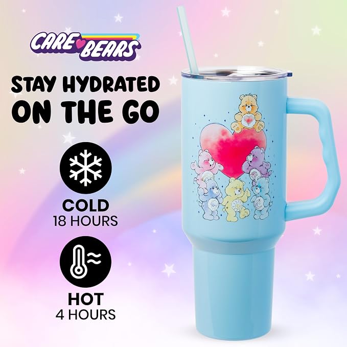 Silver Buffalo Care Bears Watercolor Featuring Tenderheart, Cheer, Grumpy, Funshine, Bedtime, Share Bear Double Walled Stainless Steel Tumbler w Handle & Straw, Fits in Standard Cup Holder, 40 Ounces - Image 2