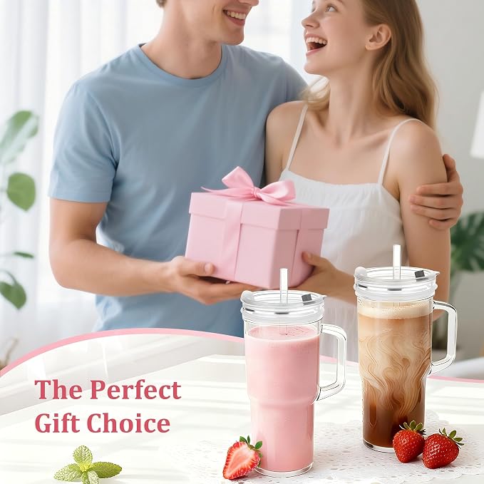 Birity 24oz Pink Bow Glass Cups with Lids and Straws,2 Set Glass Tumbler with Handle,Galss Cup with Stickers and Aesthetic Iced Coffee Cup for Smoothies,Tea,Juice,Boba,Christmas Gifts for Women - Image 6