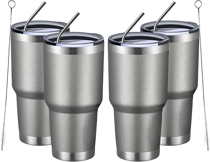 MEWAY 30oz Insulated Tumbler With Lids and Straws,Stainless Steel Double Vacuum Coffee Tumbler Cup, Brush, Durable Powder Coated Coffee Cup for Cold & Hot Drinks, Office, Travel(Cold Grey,4 PACK) by MEWAY