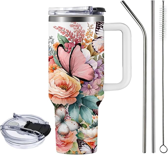Christian Gifts for Women, 40 oz Christian Tumbler with Handle, Christian Birthday Gifts for Women, Religious Gift for Flower Butterfly Lords Prayer Cross Christian Cup - Image 3