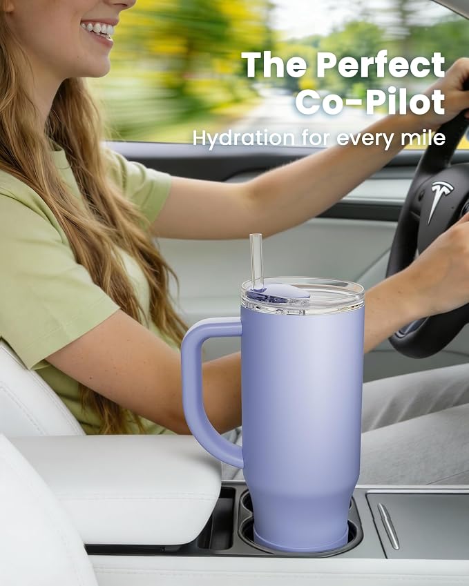 Renoj Insulated Mug 100% Spill Resistant Insulated Water Bottle for Iced Coffee & Hot Drinks - Fits Car Cup Holder, Ideal Gift, 2 Straws & Silicone Boot - FlexSlide Blue 40 oz - Image 2