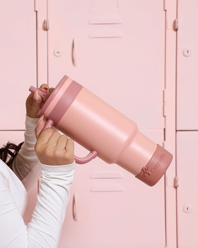 40 oz Insulated Tumbler with Handle and Push-Button Straw Lid, Stainless Steel Travel Cup for Gym Office, Leakproof, BPA-Free, Cup Holder Friendly, Bow Silicone Boot, (Peach Roasted) - Image 7