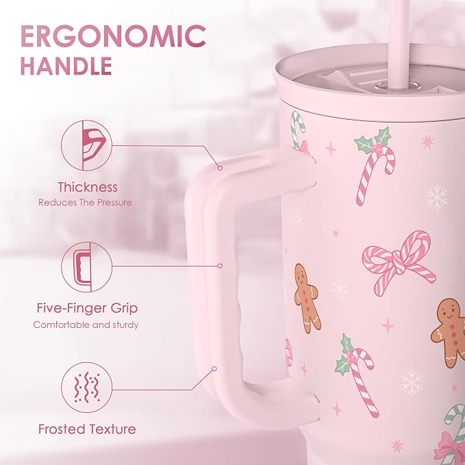 SANDJEST Christmas Theme 40oz Slider Tumbler with Handle and Straw - Insulated Stainless Steel Travel Coffee Mug for Women Girls, Gift for Birthday Xmas - Image 3