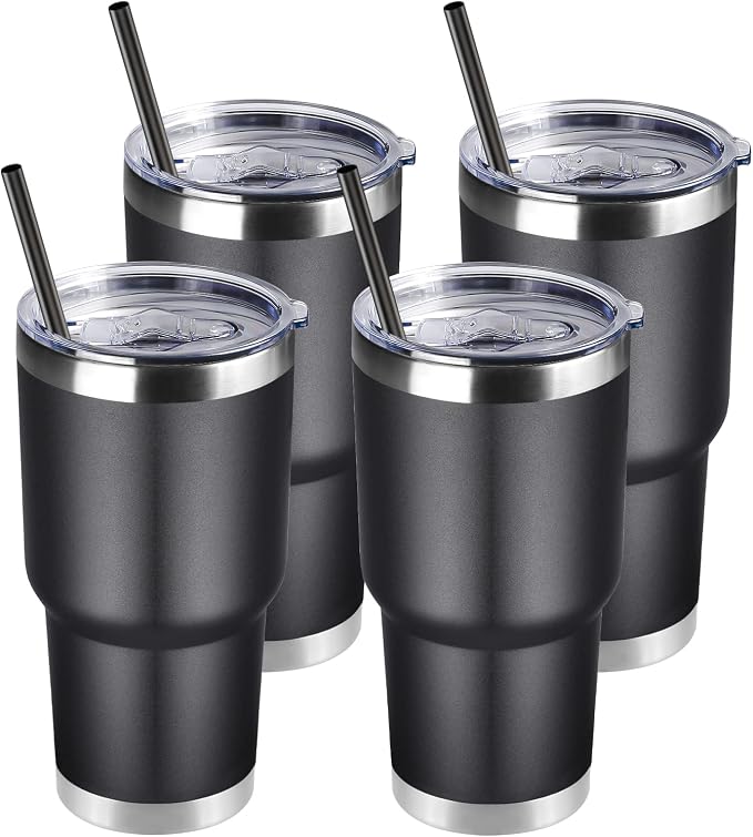 DOMICARE 30 oz Tumbler with Lid and Straw, Stainless Steel Tumblers Bulk, Insulated Vacuum Double Wall Travel Coffee Mug, Durable Powder Coated Tumbler Cups (Black, 4) by VisittheDOMICARE