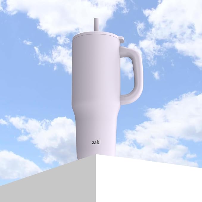 Zak Designs Sutton Travel Tumbler for On the Go, 40oz Stainless Steel with Vacuum Insulation, Silicone Straw, and Carry Handle for Cold Drinks (Smoky Lilac Purple) - Image 3