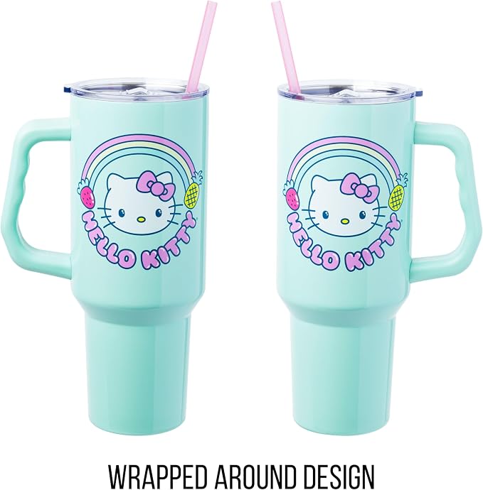 Silver Buffalo Sanrio Hello Kitty Kawaii Strawberry, Pineapple, and Rainbows Double Walled Stainless Steel Tumbler with Handle and Straw, Fits in Standard Cup Holder, 40 Ounces - Image 5