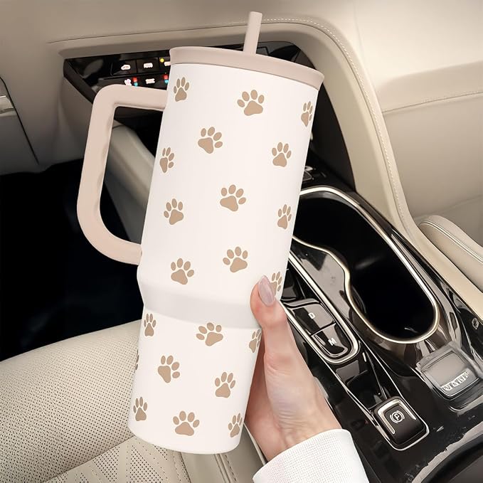 Paw Print Tumbler with Handle, Gifts for Dog Mom, Stainless Steel Insulated Tumblers Coffee Travel Mug Cup, Gift for Women Girls on Birthday Christmas Mothers Day, 40oz - Image 8