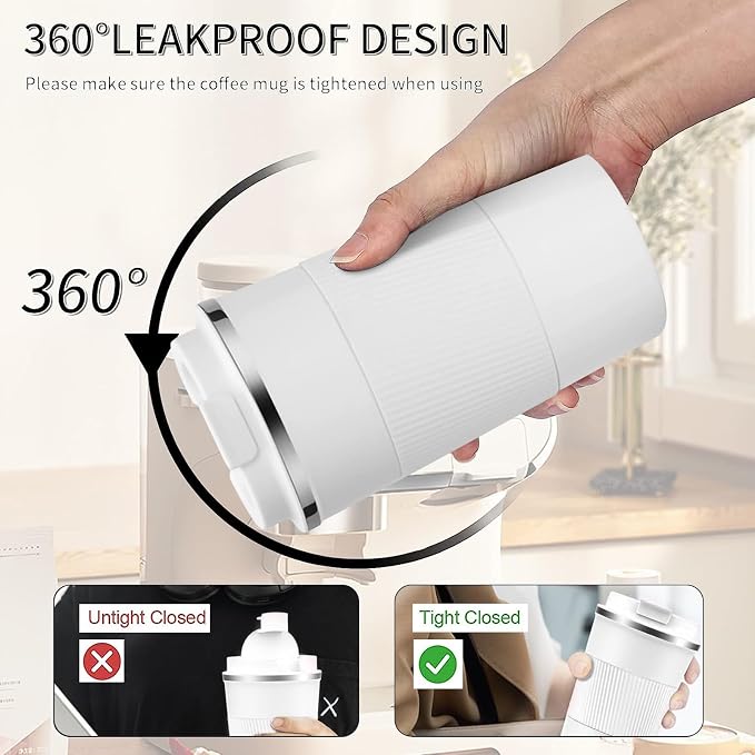 YINBAOGE Insulated Travel Coffee Mug, Spill & Leak Proof, Portable To Go Camping Stainless Steel Coffee Tumbler, Reusable Thermal Coffee Cup with Lid for Hot & Cold Drinks (White, 12 OZ) - Image 4
