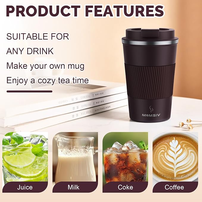 MOMSIV 12oz Travel Mug, Insulated Coffee Cup with Leakproof Lid, Vacuum Stainless Steel Double Walled Reusable Tumbler for Hot and Cold Water Coffee and Tea In Travel and Car (Brown) - Image 4