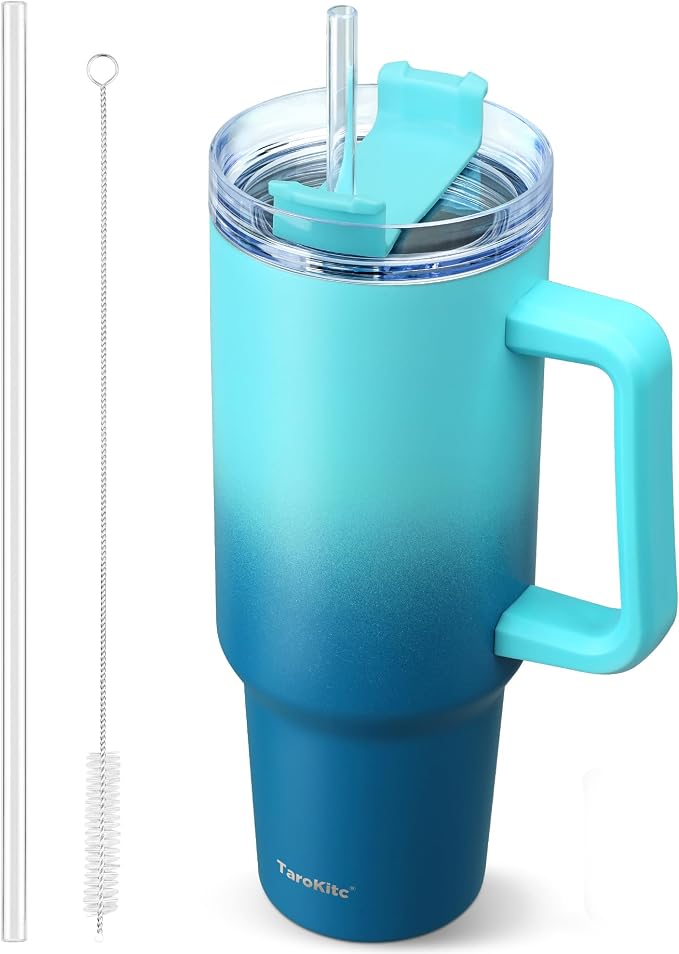 40 oz Tumbler with Handle | Stainless Steel Insulated Travel Mug Iced Coffee Cup with Lids and Straw | Keeps Drinks Cold for 34 Hours | Dishwasher Safe, BPA Free(Light & Deep Blue by TaroKitc