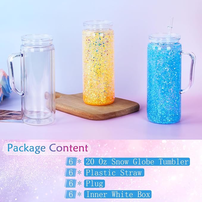 20 Oz Acrylic Snow Globe Tumbler Cup with Handle, Double Wall Plastic Snowglobe Tumbler with Pre-Drilled Hole and Plug for Glitter DIY, 6 Pack - Image 6