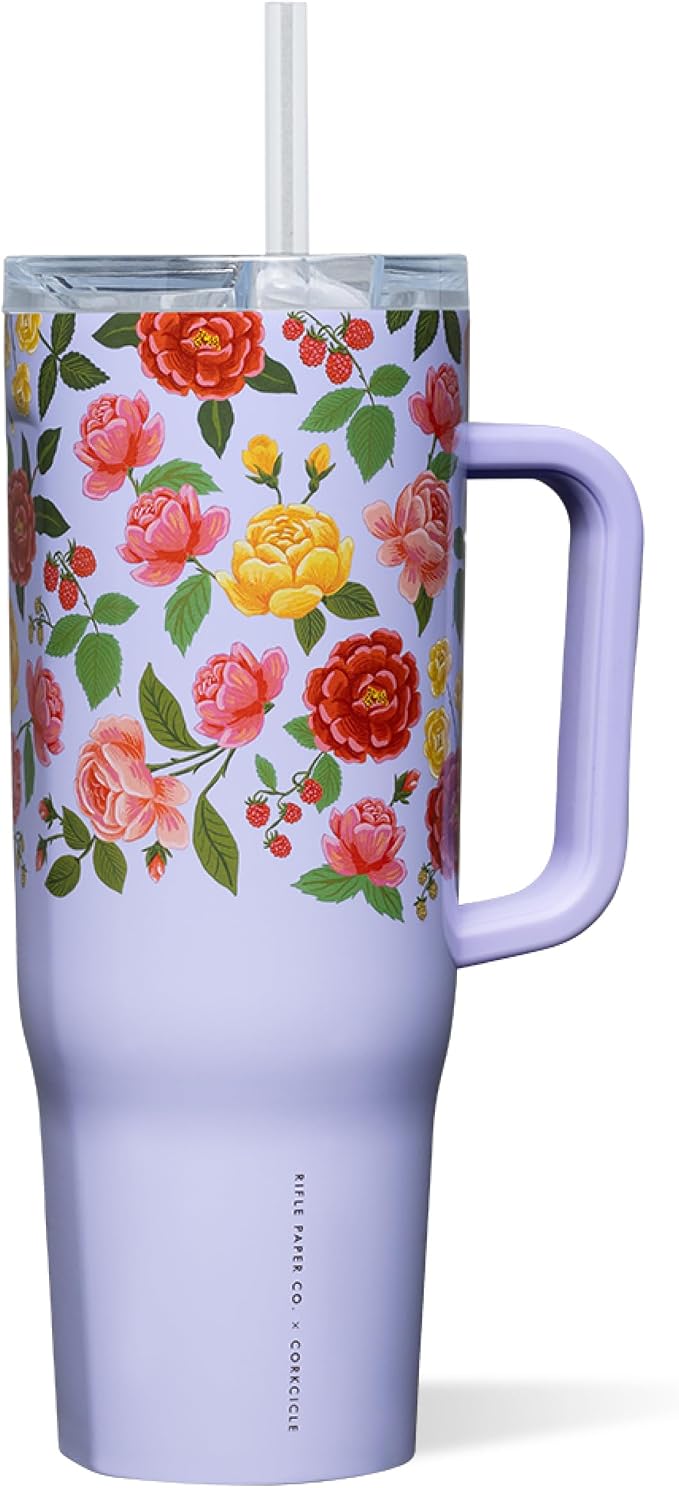 Corkcicle x Rifle Paper Co. Cruiser Insulated Tumbler with Handle & Straw - Keeps Drinks Cold 20 Hours - BPA-Free - Gift for Mom - Great for Mother's Day or Christmas - 40 oz - Roses Purple by Corkcicle