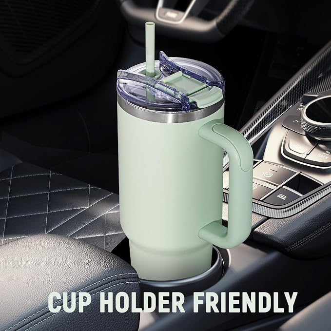 40 oz Tumbler with Handle and Straw Lid,Insulated Reusable Stainless Steel Water Bottle Travel Mug，Cupholder Friendly Double Wall Vacuum Sealed Cup (Light Green) - Image 5
