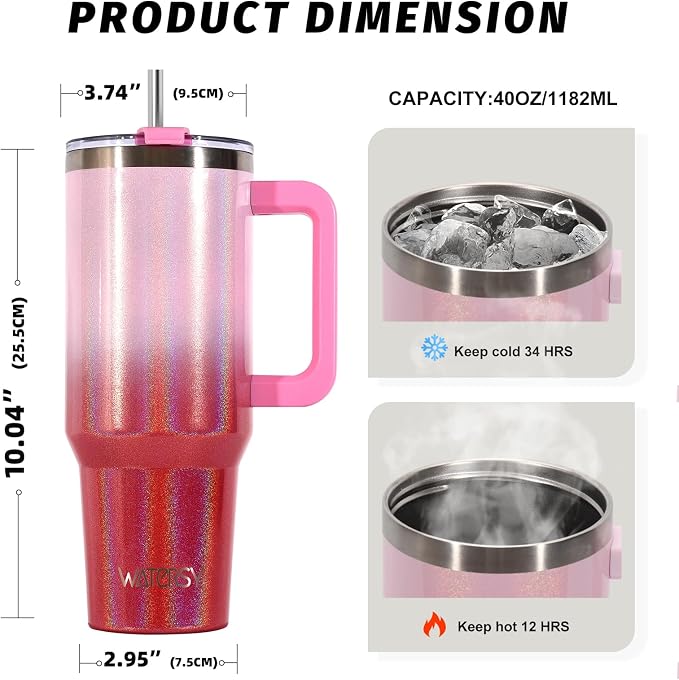 40 oz Shiny Tumbler with Handle and Straw,Stainless Steel Tumbler with Lid and Straw,Insulated Travel Mug(Cold for 34 Hours),Water Bottle for Iced Tea,Coffee (Red) - Image 2