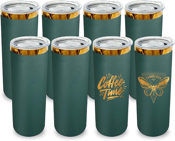 20 oz Skinny Tumblers Stainless Steel Tumbler with Lid and Straw Double Wall Vacuum Insulated Coffee Mug 20oz Powder Coated Cup for Hot and Cold Drinks(Green,8 pack) by FunTrans