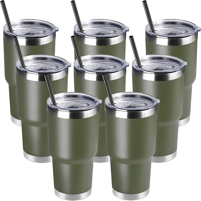 DOMICARE 30oz Tumbler Bulk with Lid and Straw, Double Wall Travel Coffee Mug, Insulated Vacuum Stainless Steel Tumblers, Powder Coated Tumbler Cup (Army Green, 8) by VisittheDOMICARE