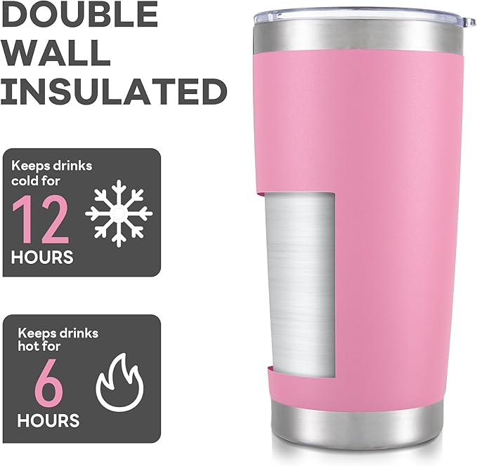 20 oz Tumbler with Lid Stainless Steel Double Wall Vacuum Insulated Tumblers Powder Coated Cups Travel Mug Keep Drinks Cold and Hot, Pink - Image 3