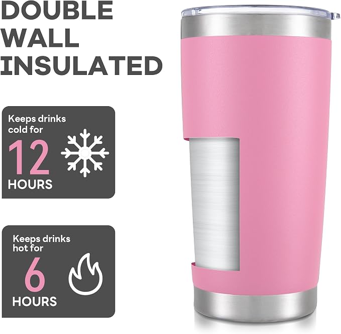 20 oz Tumbler with Lid Stainless Steel Insulated Tumblers Bulk Double Wall Vacuum Cups Powder Coated Travel Mug Keep Drinks Cold and Hot, Pink, 4 Pack - Image 3