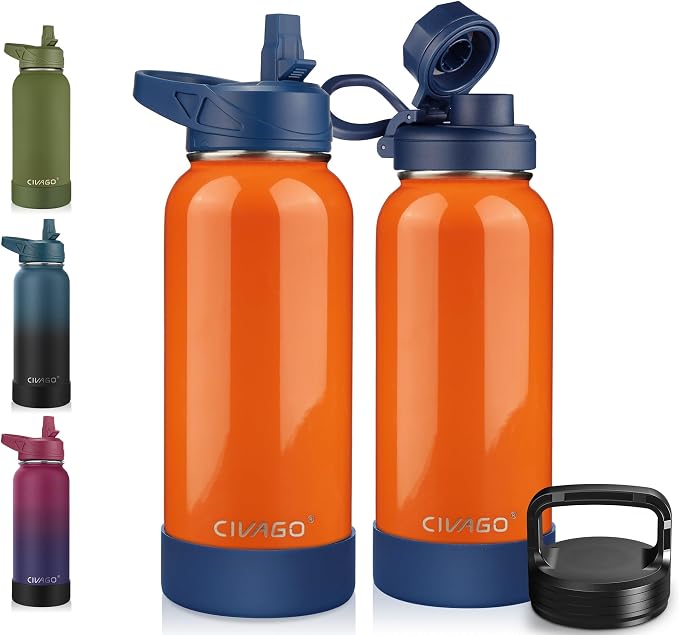 CIVAGO 32 oz Insulated Water Bottle With Straw, Stainless Steel Sports Water Cup Flask with 3 Lids (Straw, Spout and Handle Lid), Wide Mouth Travel Thermal Mug, Deep Orange by CIVAGO