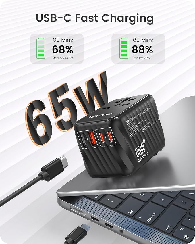 LENCENT Universal Travel Adapter, 65W GaN International Fast Charger - Image 2