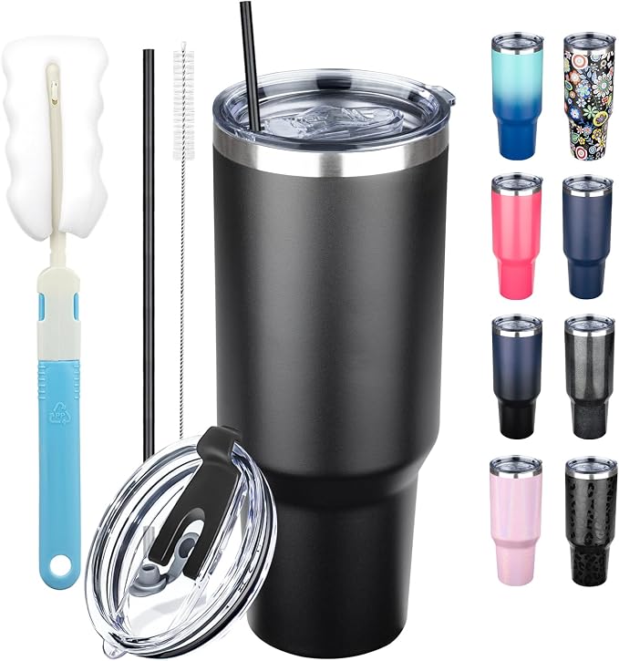 40 oz Tumbler with Lids and Straws, Stainless Steel Insulated Coffee Tumbler, Double Wall Vacuum Insulated Travel Mug Cup, Leakproof Thermal Coffee Cup for Hot and Cold Drinks (Black) by GUDEMAO