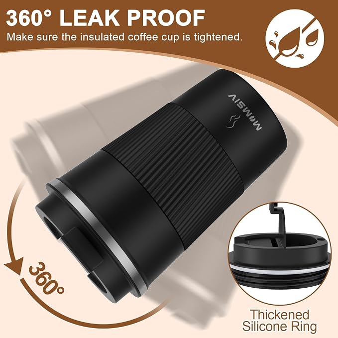 MOMSIV 12oz Travel Mug, Insulated Coffee Cup with Leakproof Lid, Vacuum Stainless Steel Double Walled Reusable Tumbler for Hot and Cold Water Coffee and Tea In Travel and Car (Black - 380ml) - Image 5