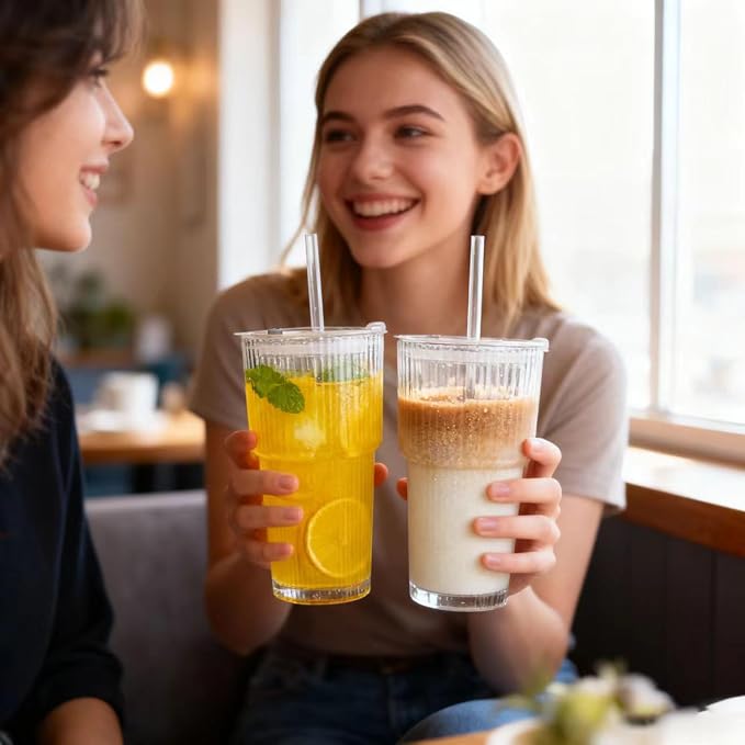 20 oz Glass Tumblers, Iced Coffee Cups with Lids and Glass Straws, Thickened Wall Glass Cups, Ideal for Smoothies, Cocktails, and Juices – Vintage and Durable Drinkware –2 Pack - Image 6