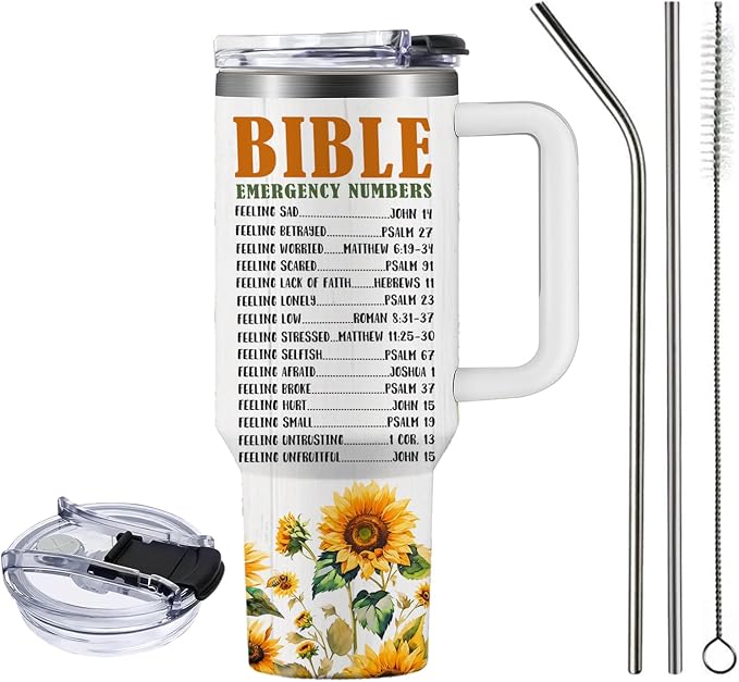 Sunflower Christian Gifts for Women, 40 oz Bible Emergency Numbers Tumbler with Lid and Straw, Inspirational Religious Birthday Gifts for You are Cup Christian - Image 3