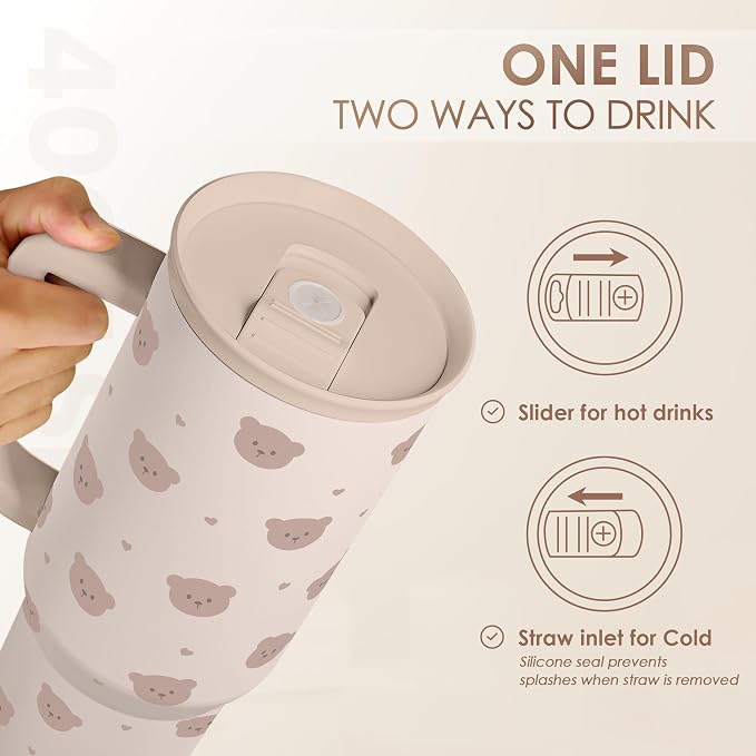 SANDJEST Bear Tumbler with Handle, Insulated Cup Stainless Steel Travel Mug Cup, Gifts for Women Girl, 40oz - Image 4