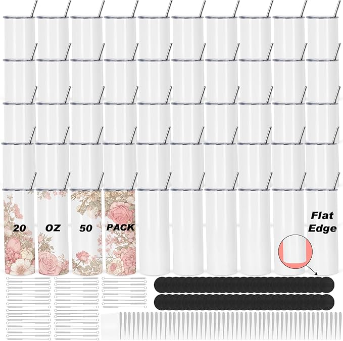 Muwnrol 50 Pack 20 Oz Sublimation Tumblers Bulk, Stainless Steel Double Wall Vacuum Insulation Cup, Sublimation Cups with Straw, Individually Box (Flat Edge) by Unknown