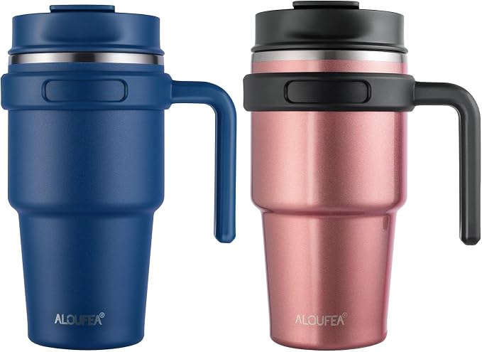 ALOUFEA 20 oz Insulated Coffee Mug Tumbler with Handle, Stainless Steel Travel Mug Tumbler with Lid and Straw,Double Wall Vacuum Leak Proof Ice Coffee Thermal Cup, Navy/Rose Gold by ALOUFEA