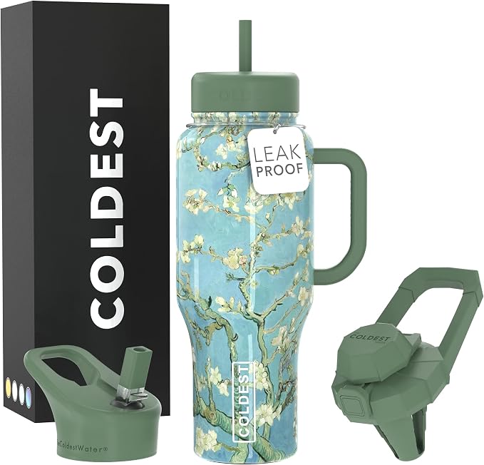 Coldest Tumbler with Handle and Straw - 100% Spill Proof Tumbler with Straw (3 Lids) - Stainless Steel Insulated Leakproof Tumblers for Women & Men - 36 oz (Almond Blossom) by Coldest