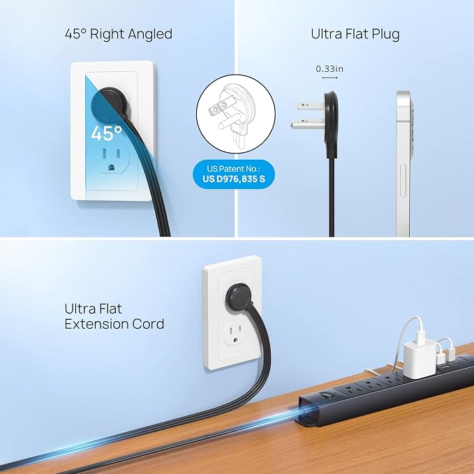 TROND Flat Plug Power Strip USB-10ft Flat Extension Cord Surge Protector Wall - Image 2