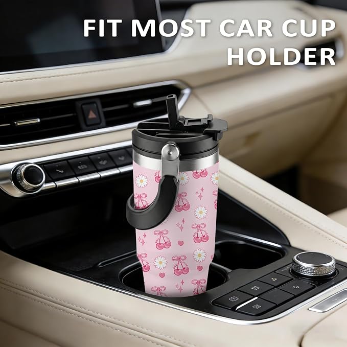 Pink Cherry Tumbler 30oz with Handle - Stainless Steel Insulated Cup, Leakproof Water Bottle with Cherry Design for Women & Girls, Perfect Birthday Christmas Gift - Image 5
