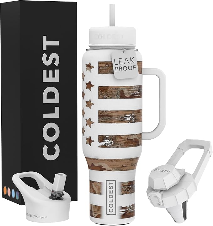 Coldest Tumbler with Handle and Straw - 100% Leak Proof Insulated Tumbler with Lid and Straw (3 Lids) - Stainless Steel Tumblers for Women & Men - Cup Holder Friendly Base, 46 oz (The Patriot) by Coldest