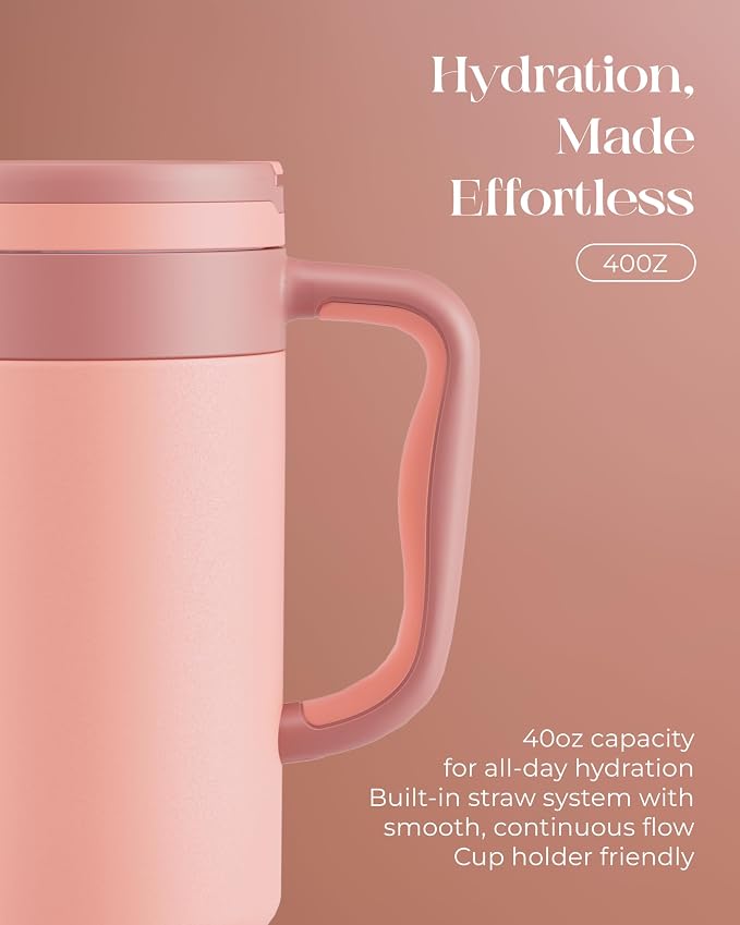 40 oz Insulated Tumbler with Handle and Push-Button Straw Lid, Stainless Steel Travel Cup for Gym Office, Leakproof, BPA-Free, Cup Holder Friendly, Bow Silicone Boot, (Peach Roasted) - Image 5