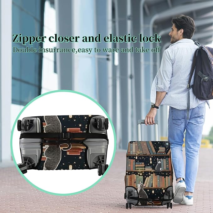 Luggage Cover + Tag, Cat Library Travel Suitcase Protector - Image 5