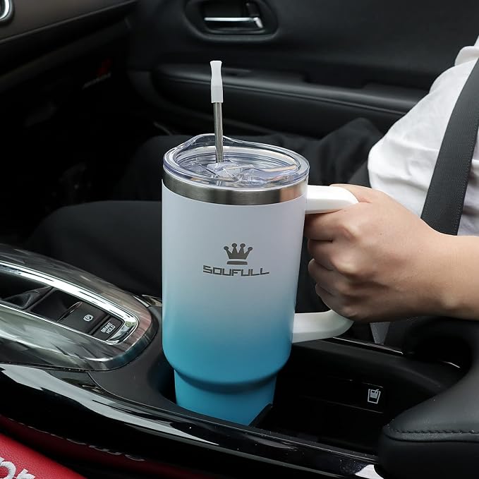 40 oz Tumbler with Handle and Straw Lid, 100% Leak-proof Travel Coffee Mug, Stainless Steel Insulated Cup for Beverages, Keeps Cold for 34Hrs or Hot for 10Hrs, Dishwasher Safe (WhiteBlue) - Image 8