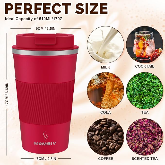 MOMSIV 17oz Travel Mug, Insulated Coffee Cup with Leakproof Lid, Vacuum Stainless Steel Double Walled Reusable Tumbler for Hot and Cold Water Coffee and Tea In Travel and Car - Image 2