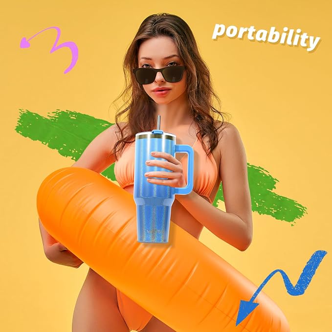40 oz Shiny Tumbler with Handle and Straw,Stainless Steel Tumbler with Lid and Straw,Insulated Travel Mug(Cold for 34 Hours),Water Bottle for Iced Tea,Coffee (Blue) - Image 5