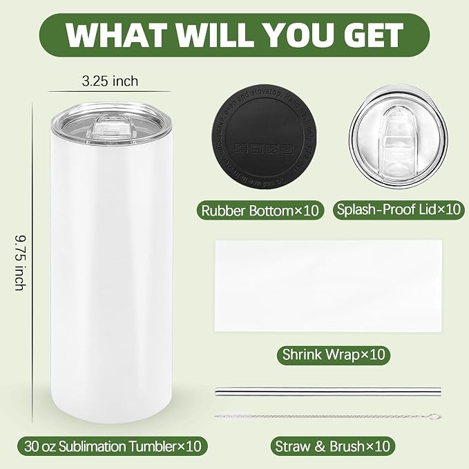 Joyclub Sublimation Tumblers 30 oz Blank Tumblers for Sublimation Skinny Bulk Double Wall Insulated Cups with Individually Gift Boxed and Shrink Wrap Films for Heat Transfer 10 Pack - Image 2