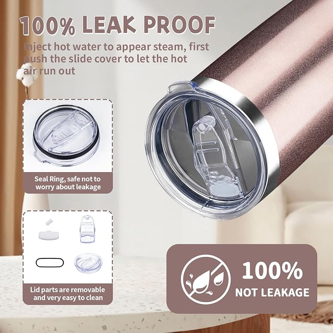 20 oz Tumbler with Lids and Straws, Stainless Steel Insulated Coffee Tumbler, Double Wall Vacuum Insulated Travel Mug Cup, Leakproof Thermal Coffee Cup for Hot and Cold Drinks (Rose Gold) - Image 5