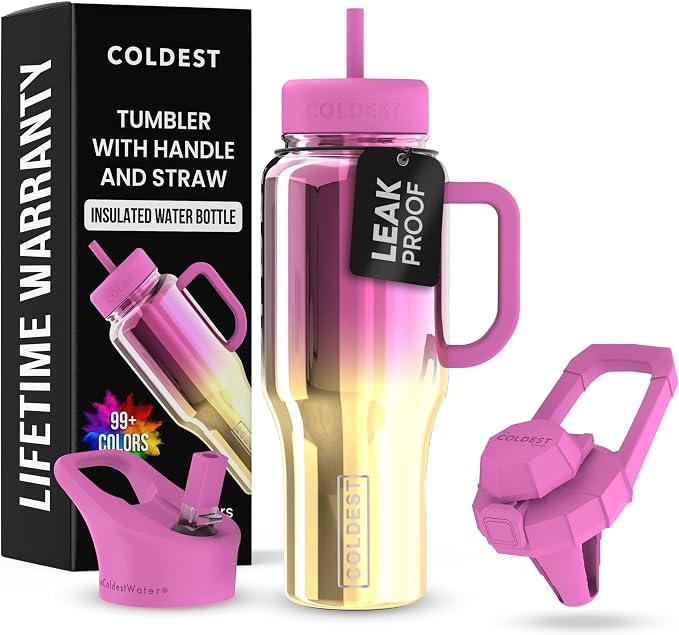 Coldest Tumbler with Handle and Straw - 100% Spill Proof Tumbler with Straw (3 Lids) - Stainless Steel Insulated Leakproof Tumblers for Women & Men - Cup Holder Friendly - 36 oz (SunTan Nova) by Coldest