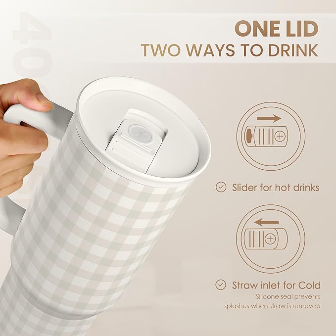 SANDJEST Grey Gingham 40oz Slider Tumbler with Handle and Straw - Insulated Stainless Steel Travel Coffee Mug for Women Girls, Gift for Birthday, Christmas - Image 5
