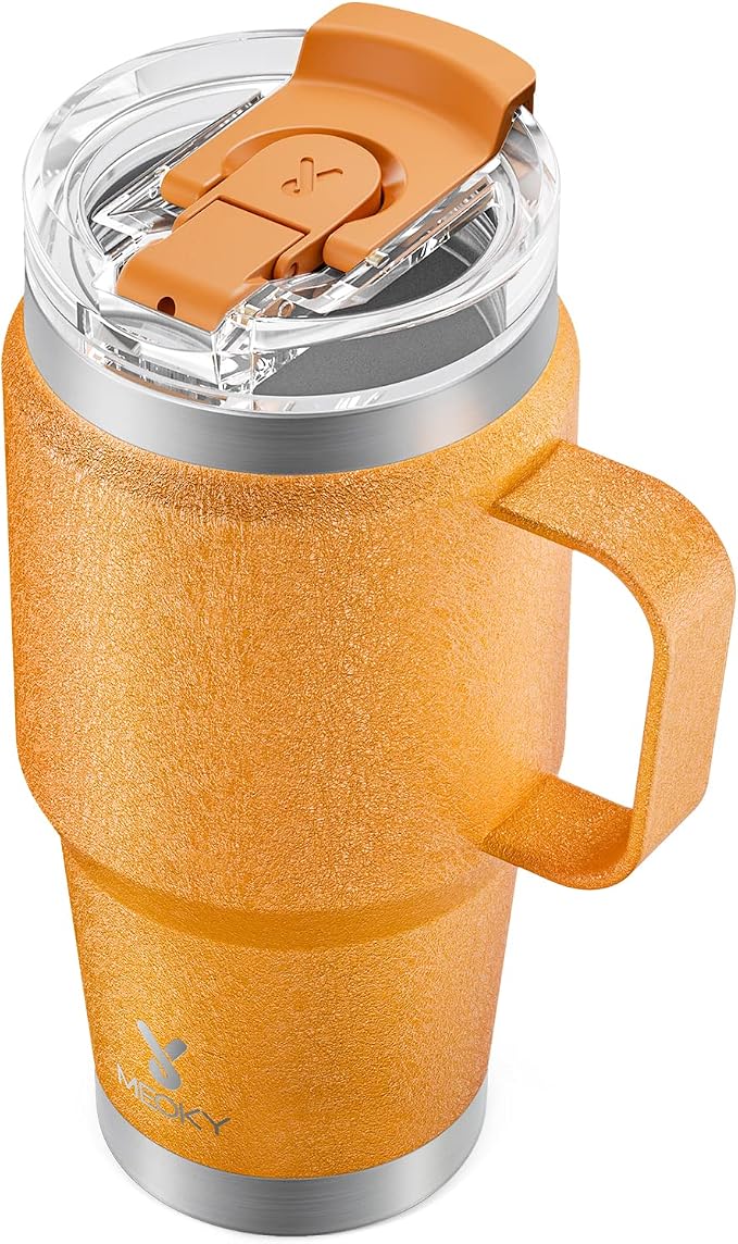 Meoky 24oz Travel Mug, Triple Insulated Stainless Steel Tumbler with Handle and 2-in-1 Straw and Sip Lid, 100% Leak Proof, Keeps Cold for 24 Hours or Hot for 8 Hours, Cupholder Friendly (Maple) by MEOKY